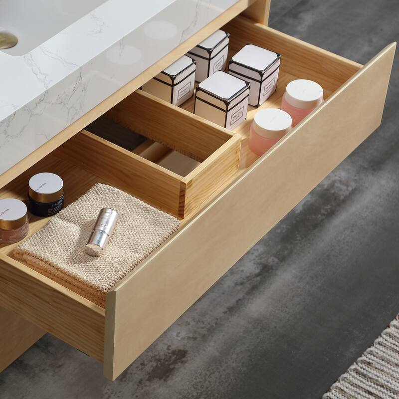 Modland 36" Wall-Mount Bathroom Vanity with LED Base Light & Engineered Stone Top - Soft-Close Drawers, Maple Yellow - 36 inch