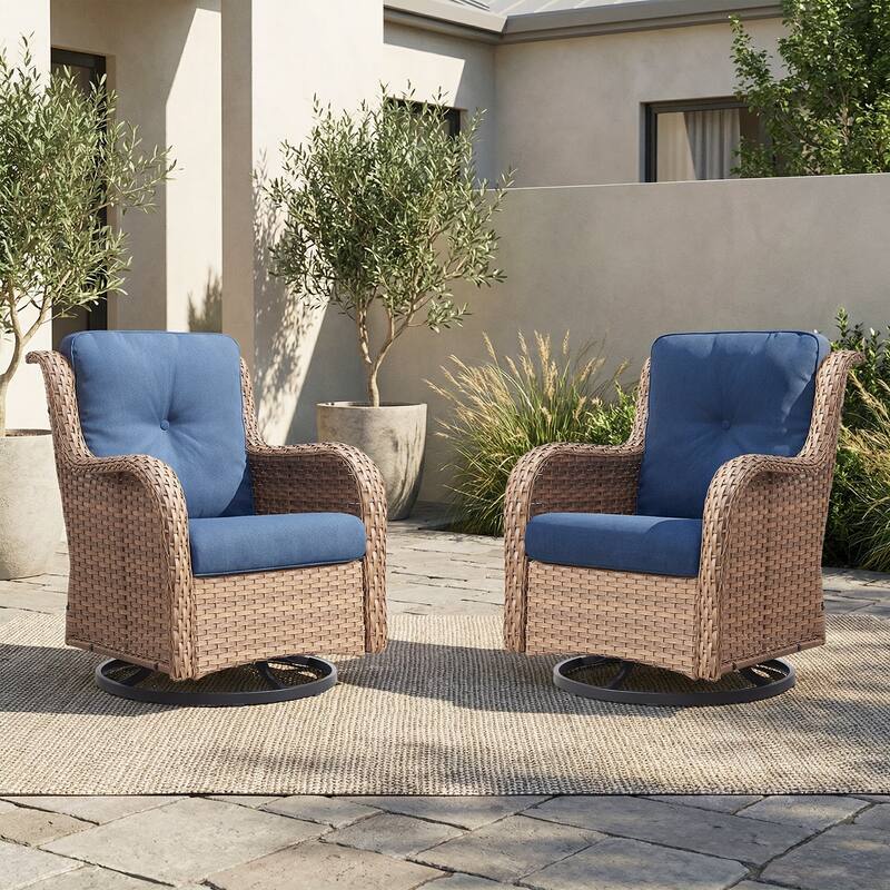 Pocassy Outdoor Wicker Glider Swivel Club Chairs (Set of 2) - Mix Grey - Yellow/Blue