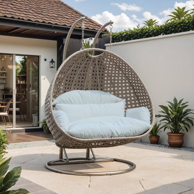 LeisureMod Modern 2-Person Egg Hanging Swing Chair with Beige Wicker, Oxford Fabric Cover, Patio Hammock Lounger and Cushions