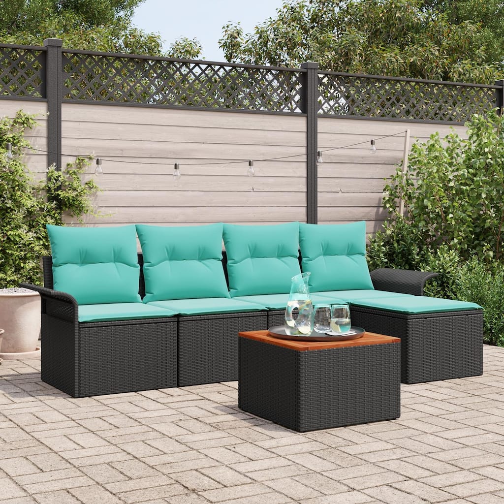 vidaXL 6 Garden Sofa Set with Cushions Black Poly Rattan - 98.8 x 46.1 x 27.2