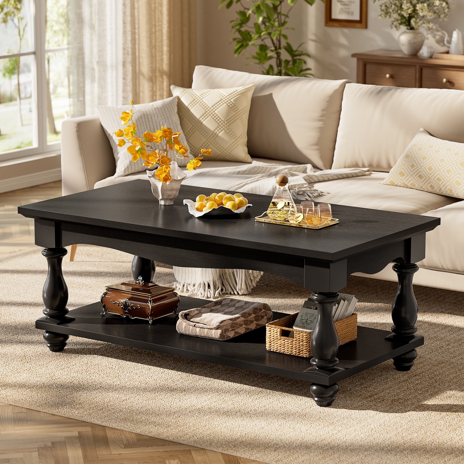 French Country Coffee Table with Storage Shlef, Farmhoues