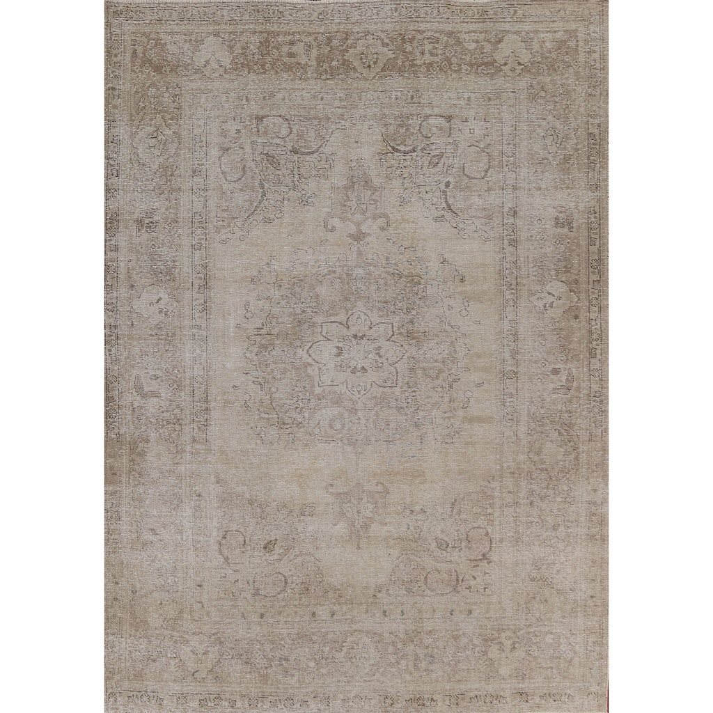 Distressed Tabriz Persian Antique Area Rug Handmade Wool Carpet - 6'8"x 9'2"