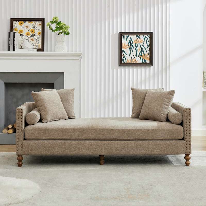 75.2"W Upholstered Chaise Lounge with Nailheads,Sleeper Sofa Couch With 4 Throw Pillows&2 Bolsters,Daybed with Rubberwood Legs - Taupe