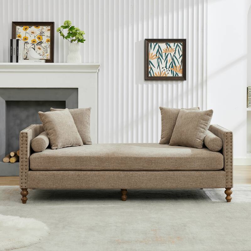 Roomfitters 75.2" Upholstered Chaise Lounge with Nailheads, Chenille Daybed Sleeper Sofa with 6 Pillows - Taupe
