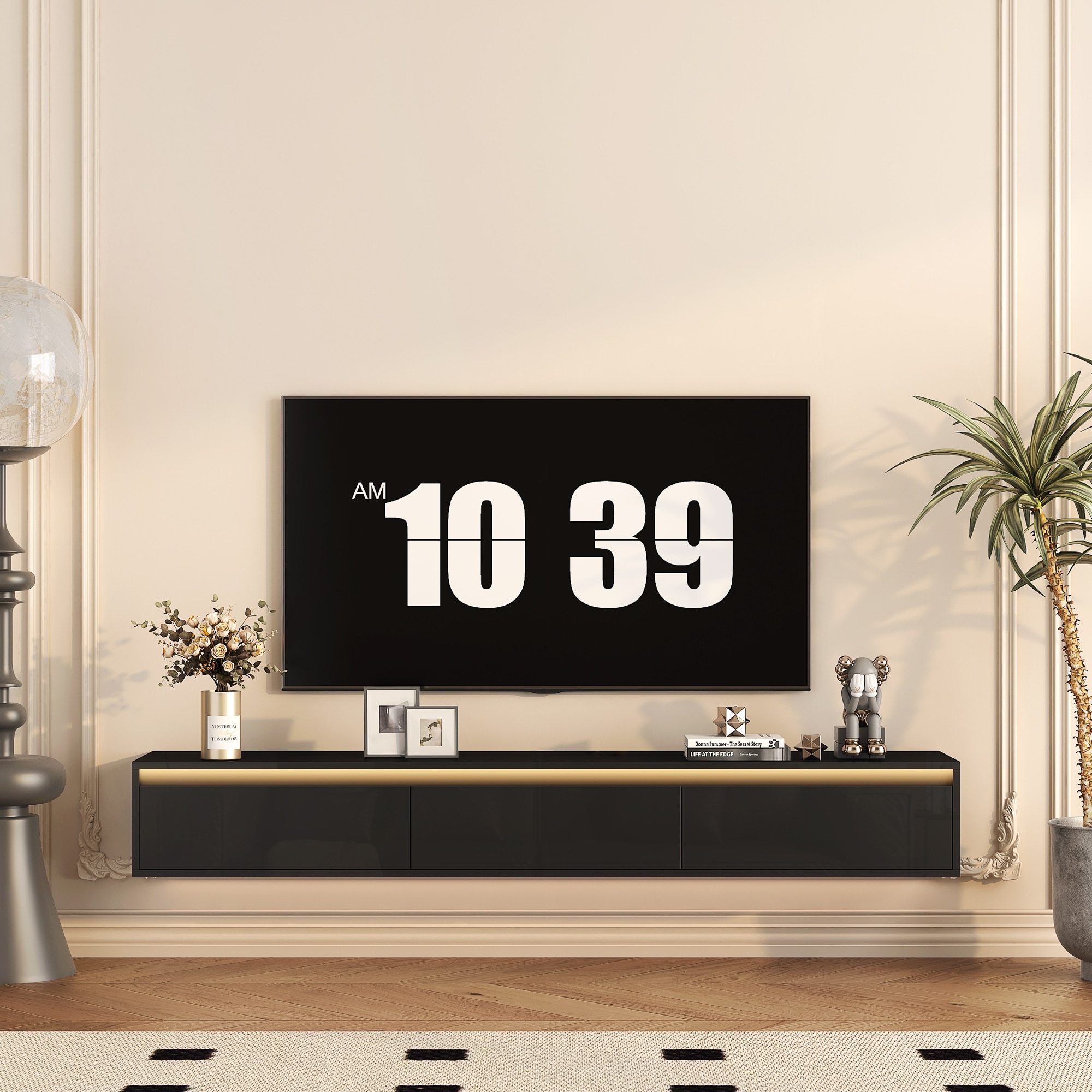 Modern MDF Floating TV Stand with LED Lights, Storage Shelf and Power Outlet Black by GDFStudio