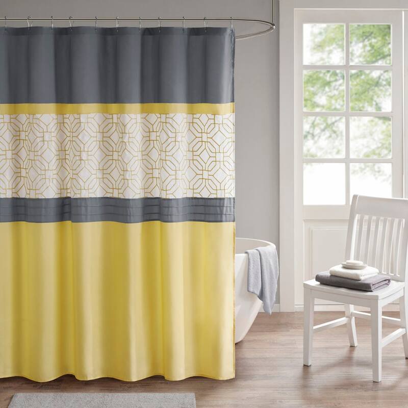 Embroidered and Pieced Shower Curtain - Yellow+Grey