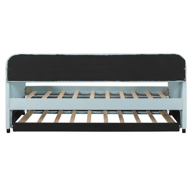 Light Blue Velvet Upholstered Twin Daybed with Trundle and Wood Slats