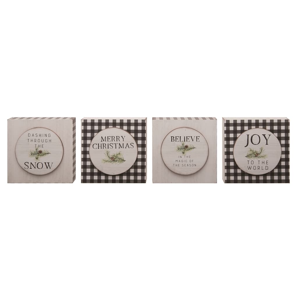Transpac MDF Dimensional Plaid Block Set of 4 Christmas Home Decorations