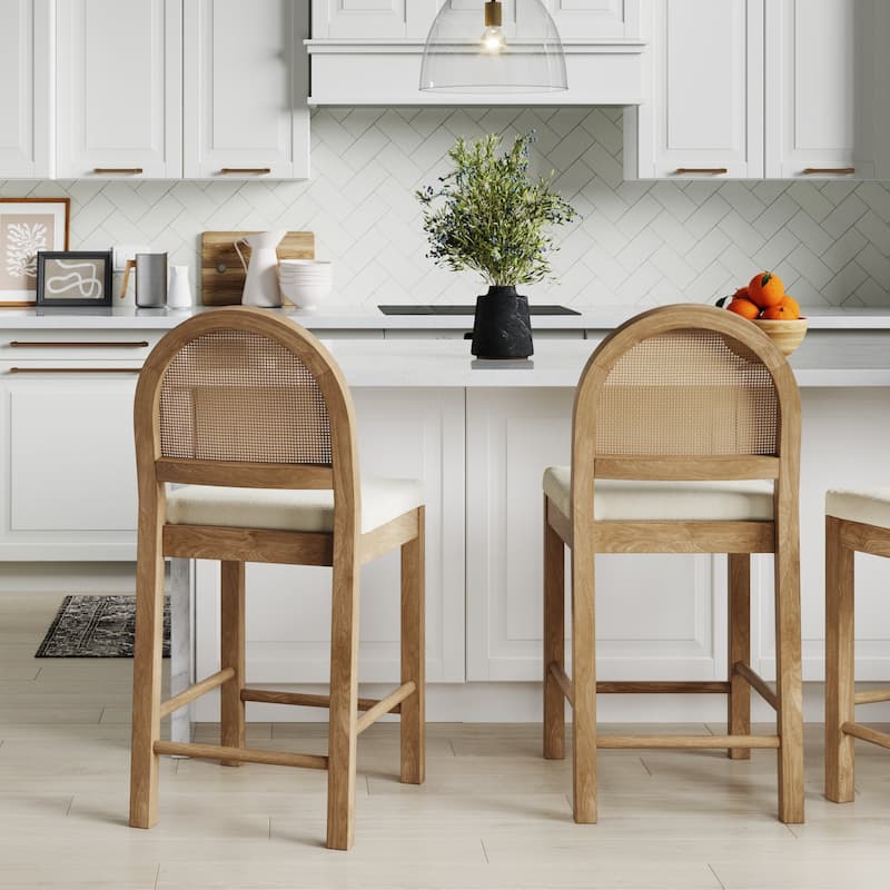 Bailey Boucle Upholstered Rattan Bar Stool or Counter Height Stool with Natural Rattan Woven Back For Kitchen Island