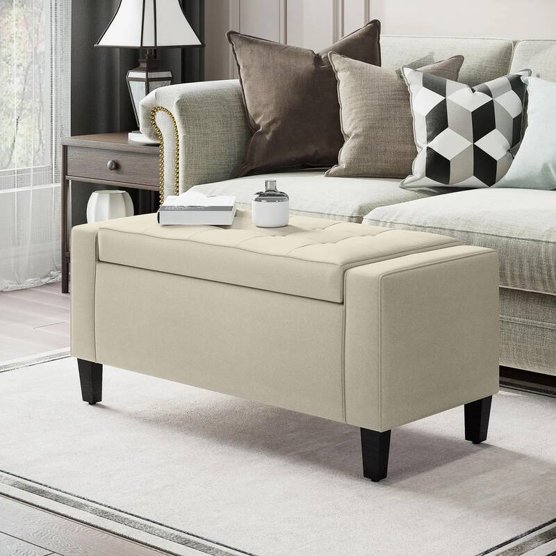 Upholstered Hidden Storage Ottoman Bench with Button Tufted, Lift Top - Black