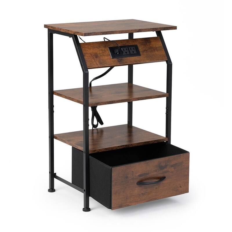 Vintage Nightstand with Charging Station, Remote Control LED Lights