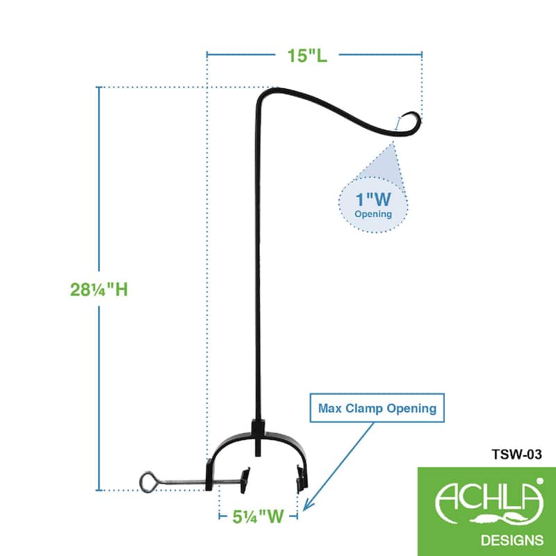 Achla Designs 28.3" H Black Wrought Iron Shepherd's Hook w/Over Railing Bracket, Powder Coated Finish