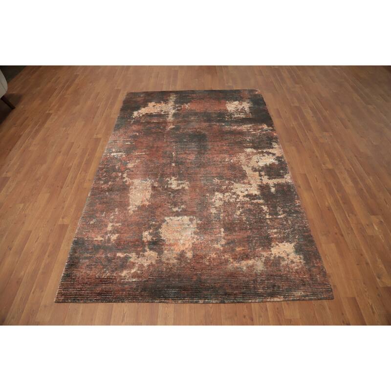 Hand Knotted Oriental Viscose Silk Carpet Modern Abstract Oranges & Rust Abstract Area Rug - 8' 0'' X 5' 1''