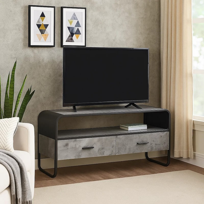 Ish 39 Inch Entertainment Center TV Stand, 2 Drawers, Wood, Grey, Black