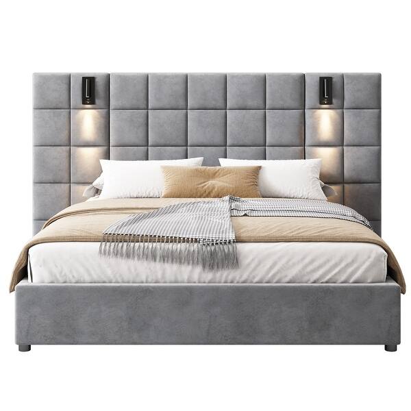 Svens Modern Upholstered Velvet Platform Bedframe & Headboard with Lamps and USB Ports, Grey