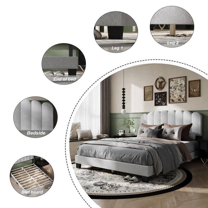 Queen Size Bed Frame Platform with Scalloped Pattern Headboard