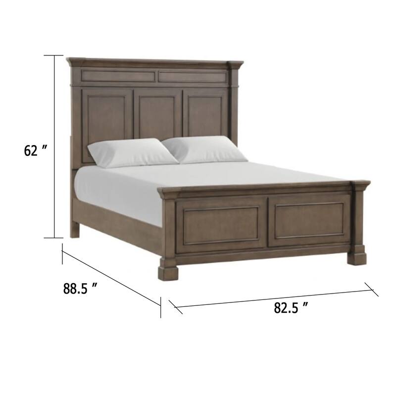 Huder King Bed, Dark Walnut Brown Solid Pine Wood, Classic Panel Moldings