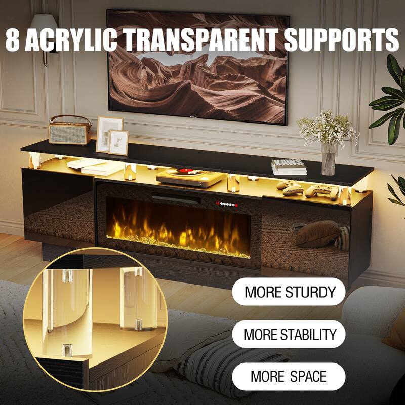 BOSSIN 70 Fireplace TV Stand with 36 Electric Fireplace， LED Light Entertainment Center Modern 2-Tier TV Console Stand