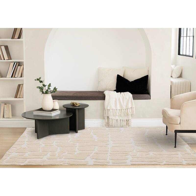 Cream White Stones Super-Soft High-Low Textured Rug