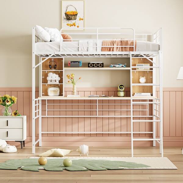 slide 2 of 43, Twin Metal Loft Bed with Desk and Storage Shelves, Ideal for Small Bedrooms White - Full