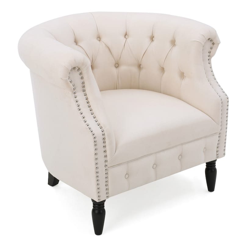 Roomfitters Tufted Barrel Accent Chair with Nailhead Trim and Turned Wood Legs, Upholstered Lounge Chair
