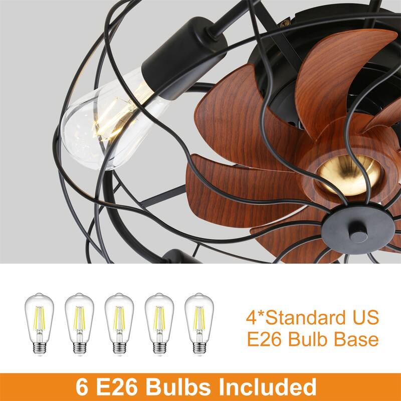 20 inch Flush Mount Ceiling Fan Light with Remote Caged Farmhouse Fandelier Black Wood Low Profile