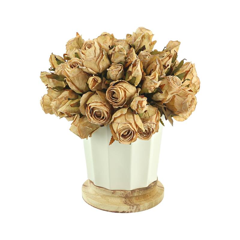 Dried Rose Bundle in a Ceramic Pot with Wooden Base - Cream, White