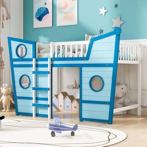 Fun Design Full Size Boat Shape Loft Bed with Ladder, with Superior Quality Solid Pine Wood Bed Frame Suitable for Bedroom