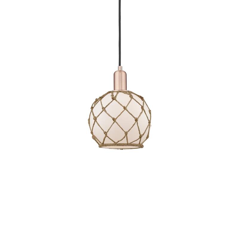 Innovations Lighting 716-1P-11-8 Farmhouse Rope Pendant Farmhouse Rope - Antique Copper / White Glass with Brown Rope