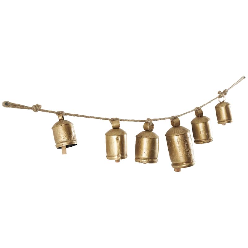 Metal Tibetan Inspired String Hanging Indoor Outdoor Decorative Cow Bells on Jute Hanging Rope - Gold - Roche River Decor