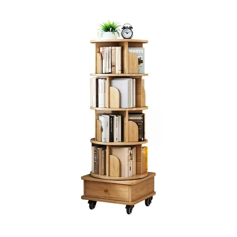 GDF Studio - Purling Modern 5-Tier Wood 360-Degree Rotating Bookshelf with Drawer Storage