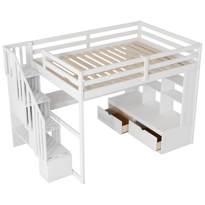 Full Loft Bed with Desk, Shelving, Storage Stairs, and Drawers - Ideal Space-Saving Bed for Kids & Teens