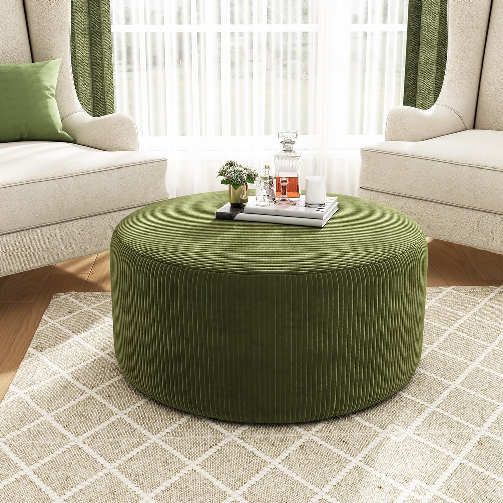 Roomfitters Upholstered Round Ottoman with Corduroy Fabric, Modern Coffee Table Footrest for Living Room
