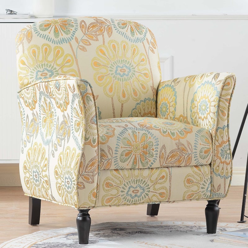 Accent Chair with Wood Legs & Flared Arms, Floral Upholstered Armchair, Leisure Single Sofa Chair for Living Room/Bedroom