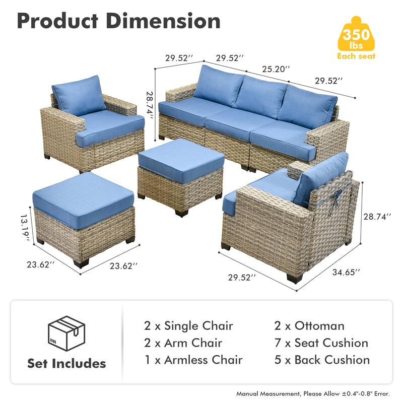 OVIOS 7-Piece T Shaped Seat Wide Armrest Patio Conversation Set