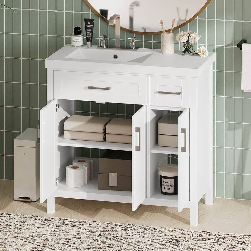 36" Bathroom Vanity Cabinet with Resin Integrated Sink - 2 Drawers, 3 Doors