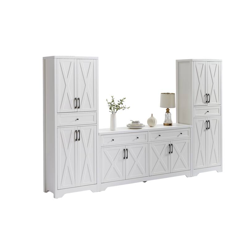 TV Cabinet Set Multifunctional TV Wall, One TV Cabinet and Two Sideboards for Living Room, White, 108.7''L x 15''W x 68''H