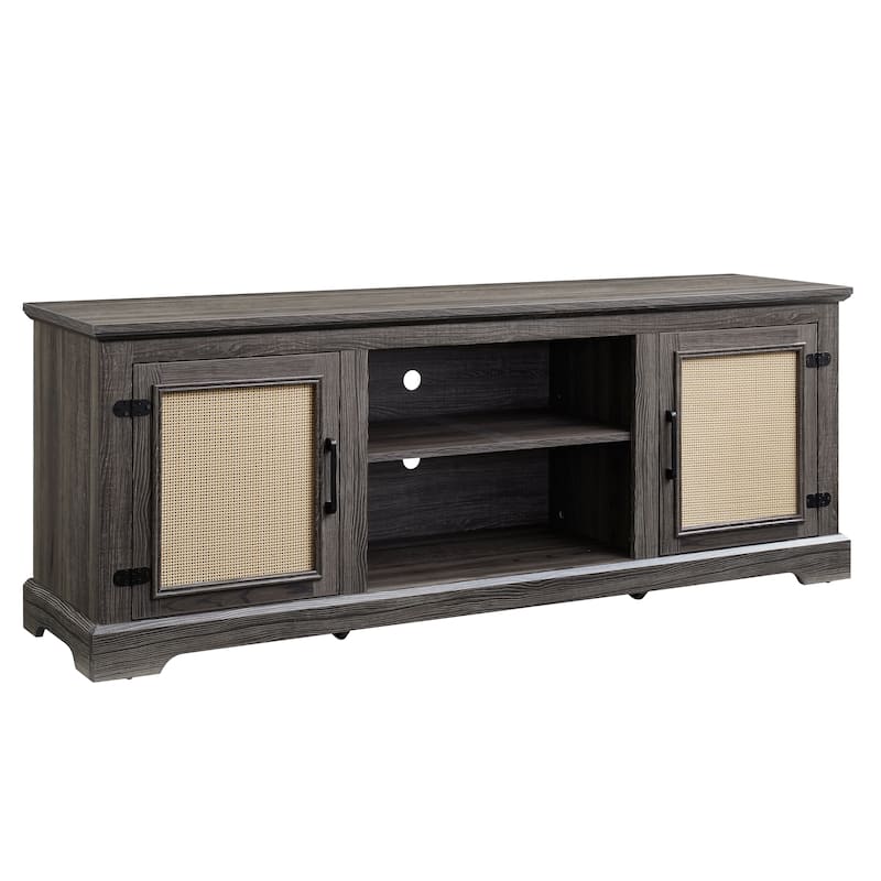 Antique Gray 65" TV Stand with Shelves & Rattan Doors for TVs Up to 70"