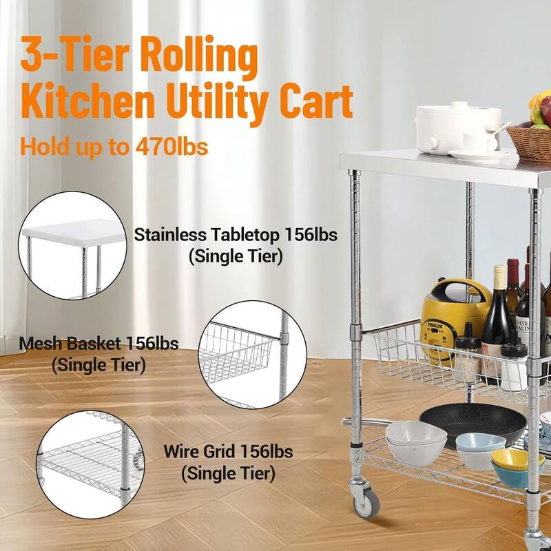 3 Tiers Wire Rolling Kitchen Utility Cart for Indoor & Outdoor - N/A