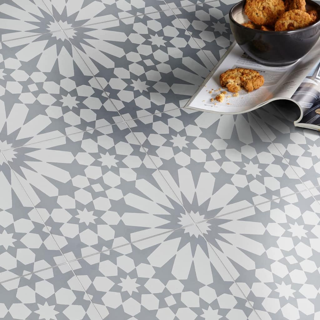 Agdal Handmade Cement Tile, 8x8, White-Grey