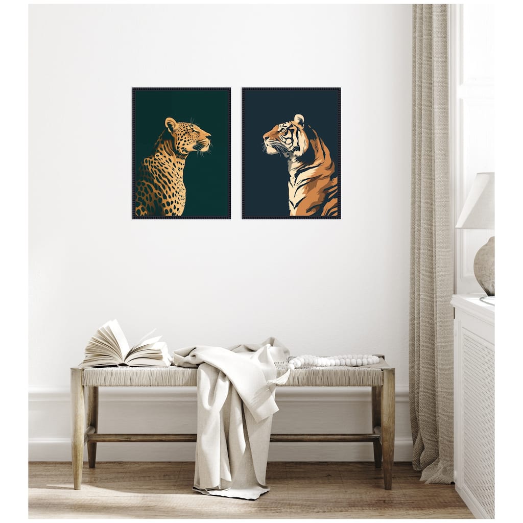 Kate and Laurel Emerald Leopard Navy Tiger 2 Piece Framed Canvas Wall Art Set by The Creative Bunch Studio