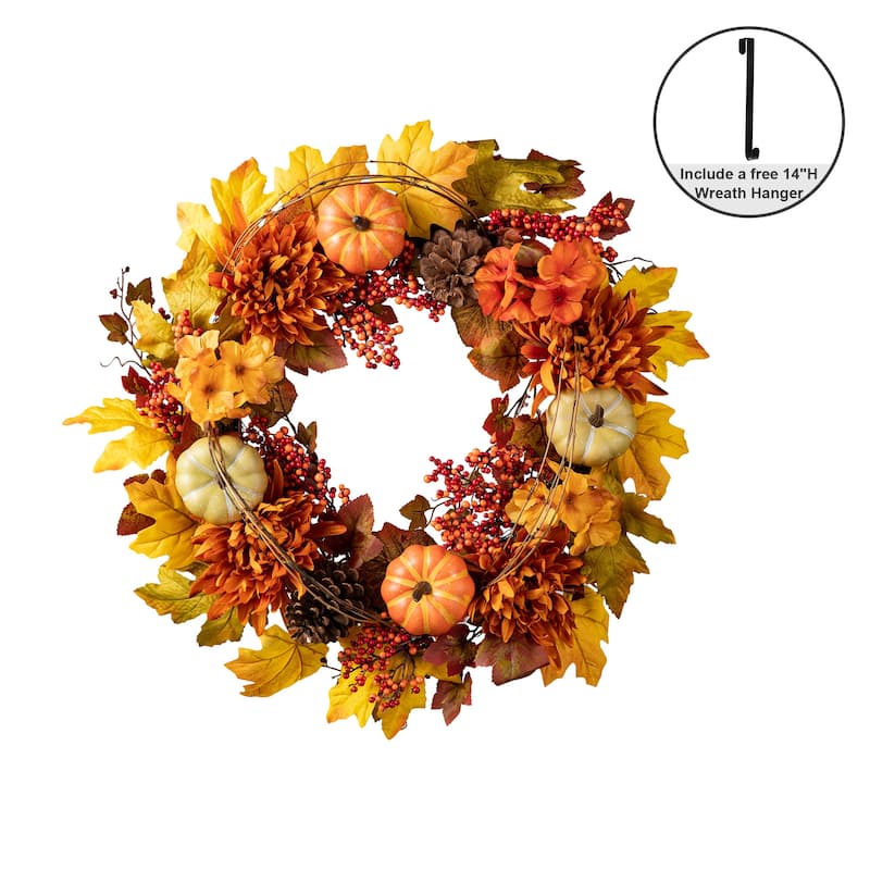 Glitzhome Fall Maple Leaf Sunflower Garland & Dahlia Pumpkin Wreath - Wreath