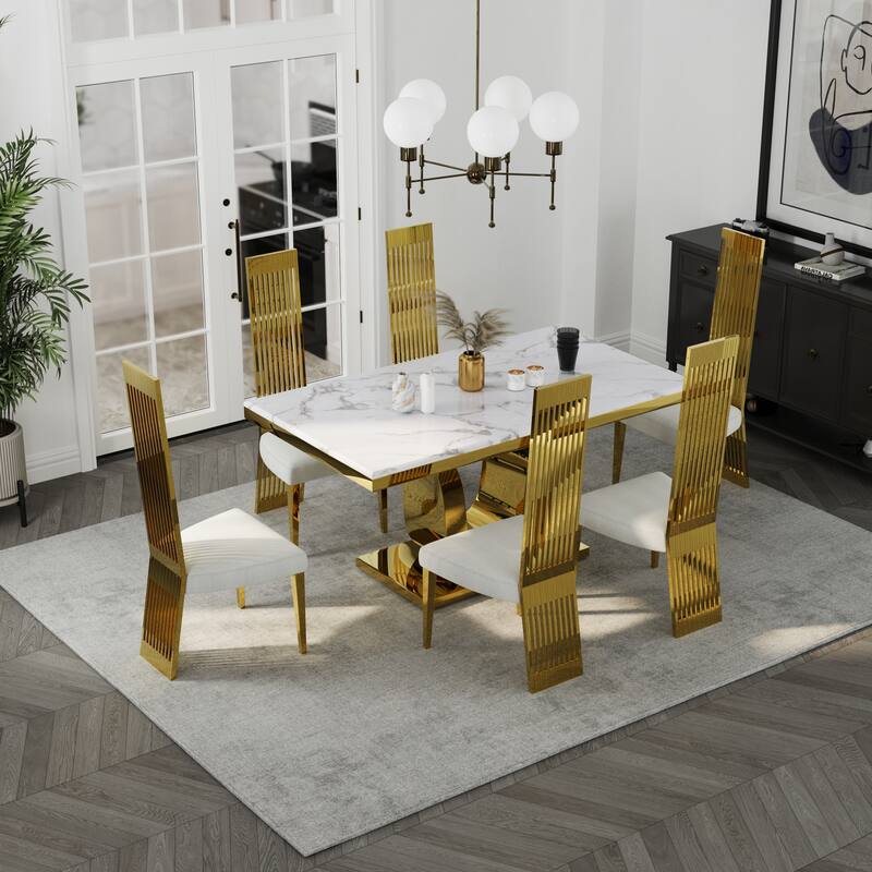 Faux Mable Dining Table Set with White Boucle and High Back Chairs