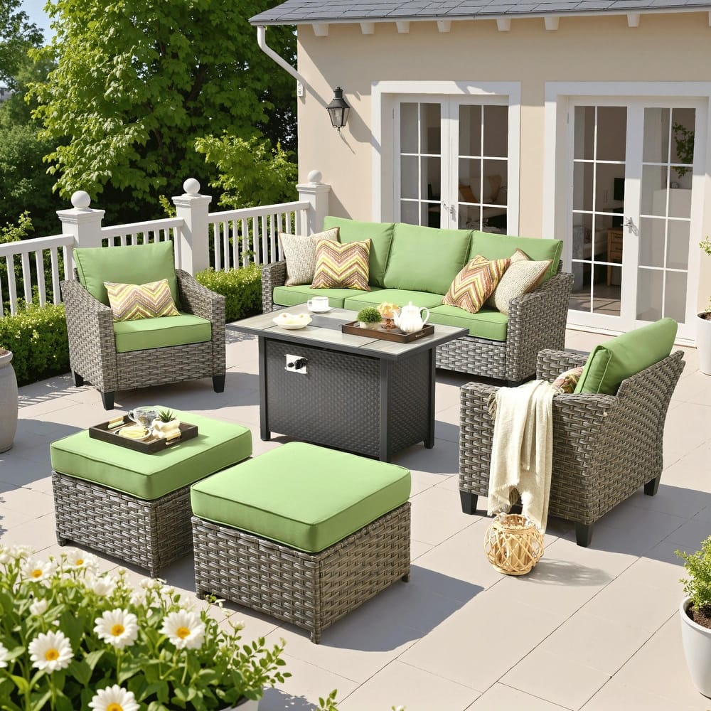 HOOOWOOO 6-piece Patio Furniture Wicker Conversation Set with Fire Pit Table