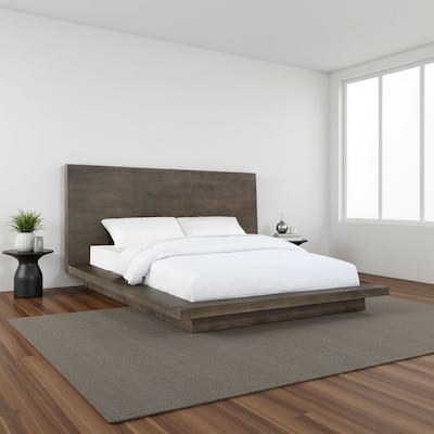 Nels Pine Wood Platform Queen Bed, Plinth Base, Distressed Brown