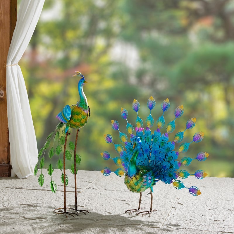 Glitzhome Metal Standing Peacock Garden Statue with Stakes for Indoor Outdoor