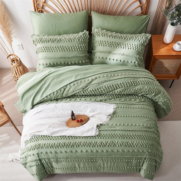 Gotroolhome Boho King Comforter Set - 7 Piece Jacquard Tufted Bedding In Sage Green, Shabby Chic All Seasons