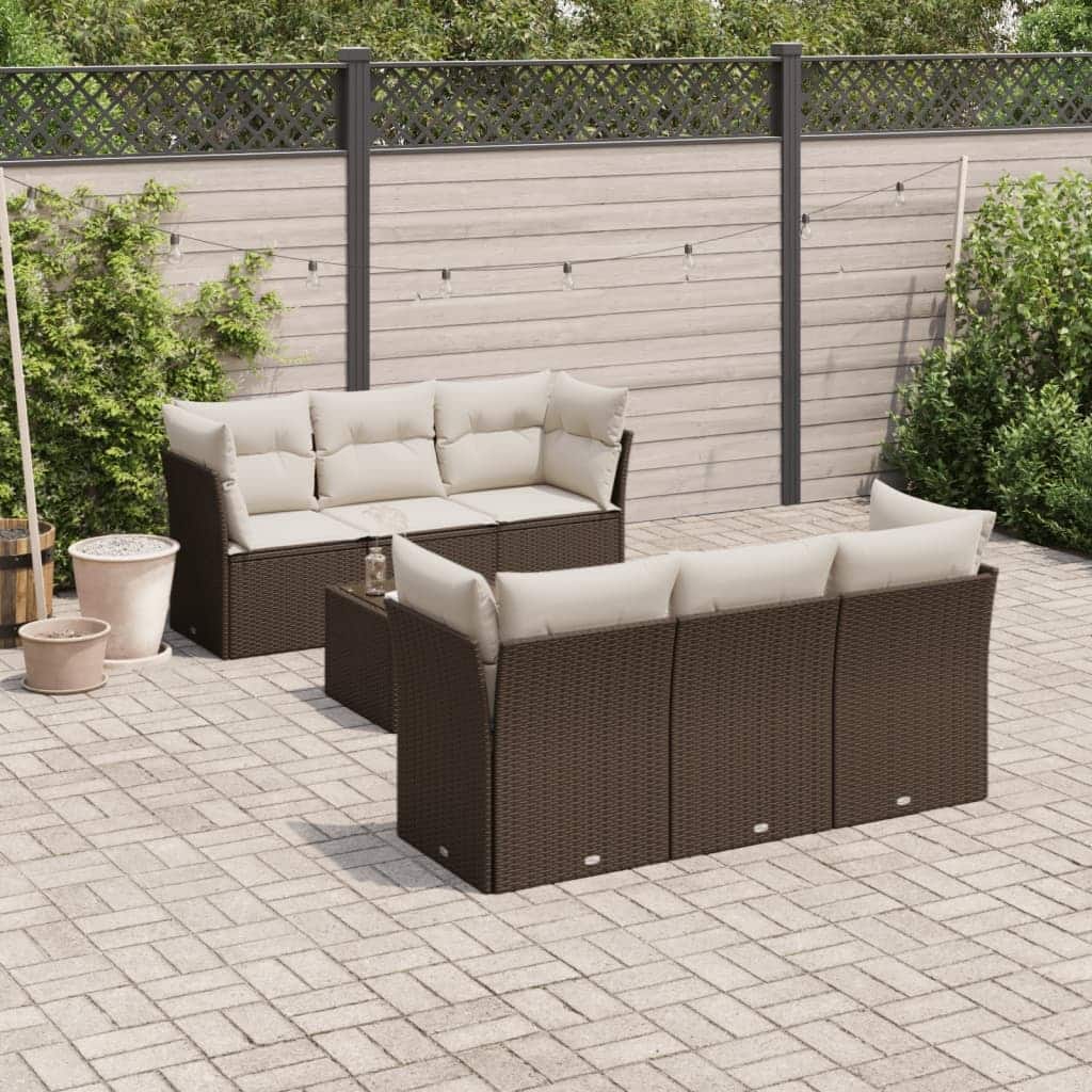 vidaXL Patio Sofa Set Brown and Cream White Poly Rattan and Tempered Glass - 8.5 x 8.5 x 5.7