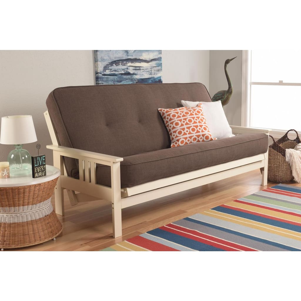 Full Size Futon Frame with Mattress - Linen Cocoa Futon Sofa Bed - Hardwood Mission Style