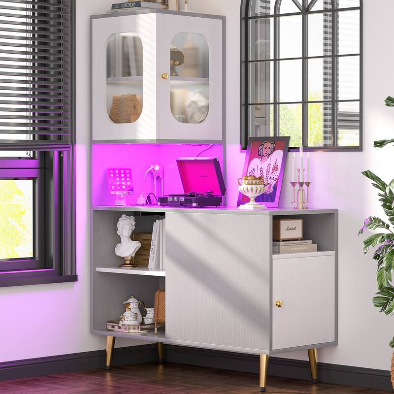 Reversible Corner Storage Cabinet with LED Lights and Power Outlets and Doors,Bed Side Table,Sofa Side Table - White＆Grey